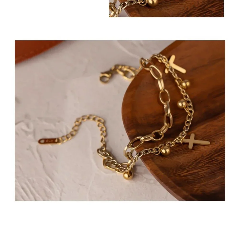 NEW 18K Gold Plated Cross Bead Link Chain Double Layer Bracelet